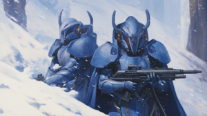 two Aeldari warriors holding guns in the snow